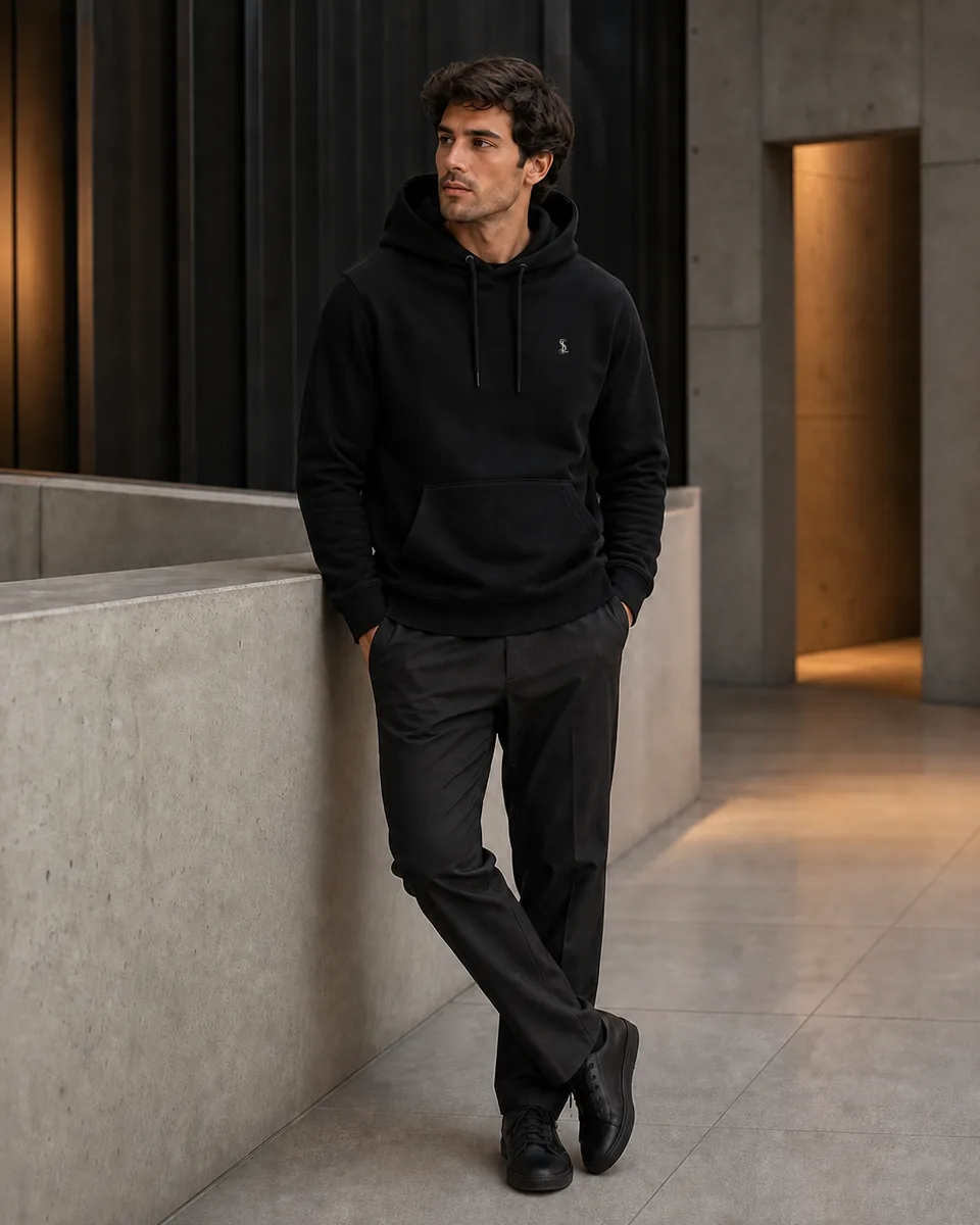 Essential Hoodie in Ink black, lifestyle campaign view