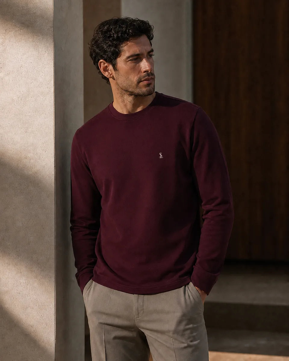 Signature Crewneck in Wine burgundy, lifestyle campaign view