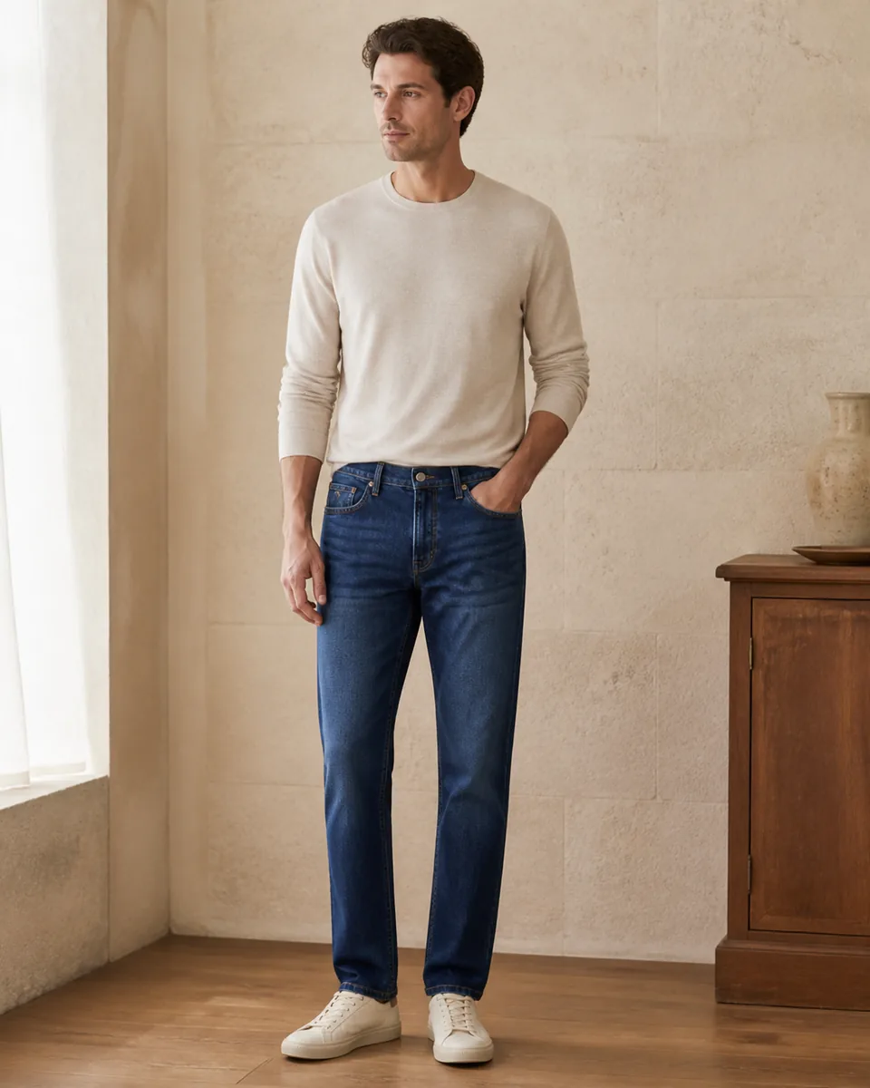 Medium-Blue 5 PKT Denim Long Pant lifestyle view