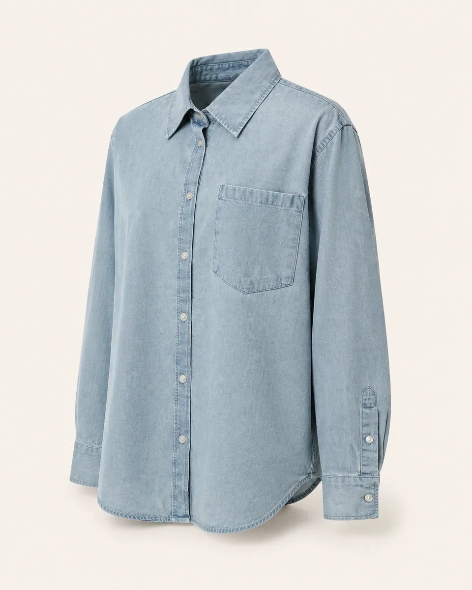 Denim Button-Up Shirt, Light Blue, front three-quarter product view