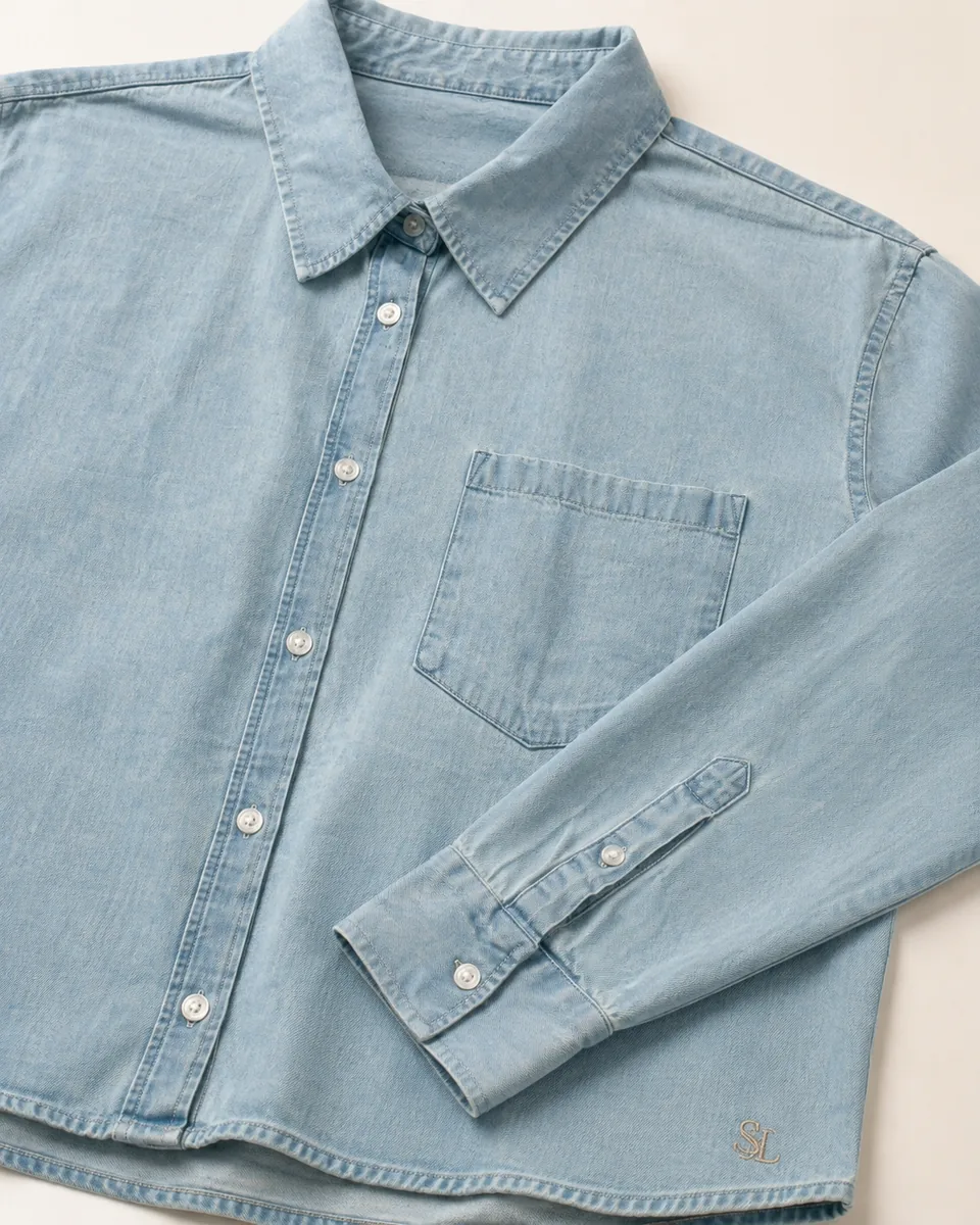 Denim Button-Up Shirt, Light Blue, collar, cuff and logo detail
