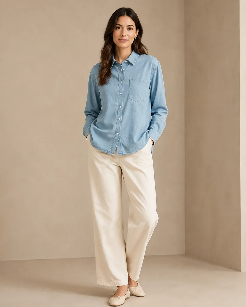 Denim Button-Up Shirt, Light Blue, on-model studio view