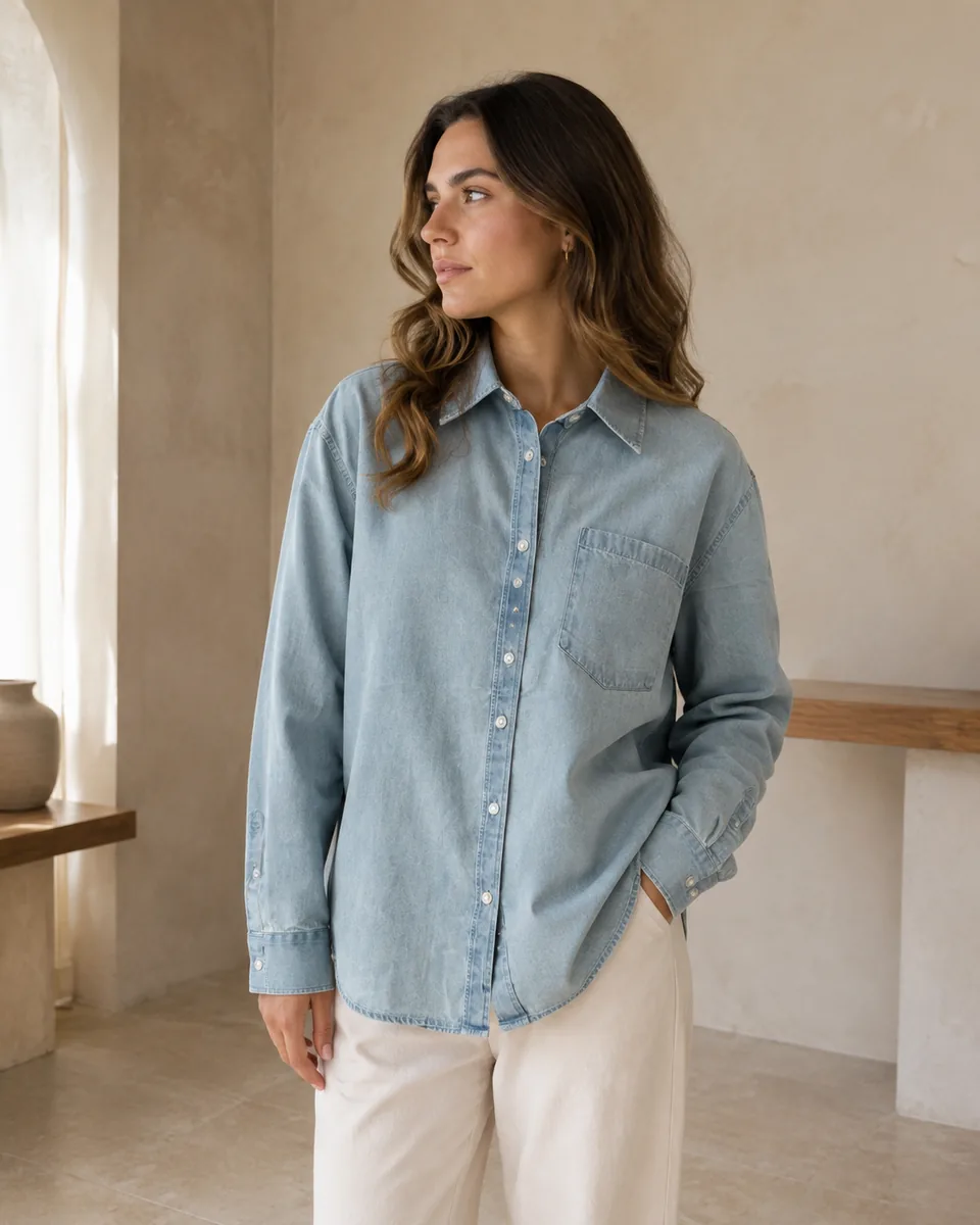 Denim Button-Up Shirt, Light Blue, lifestyle view