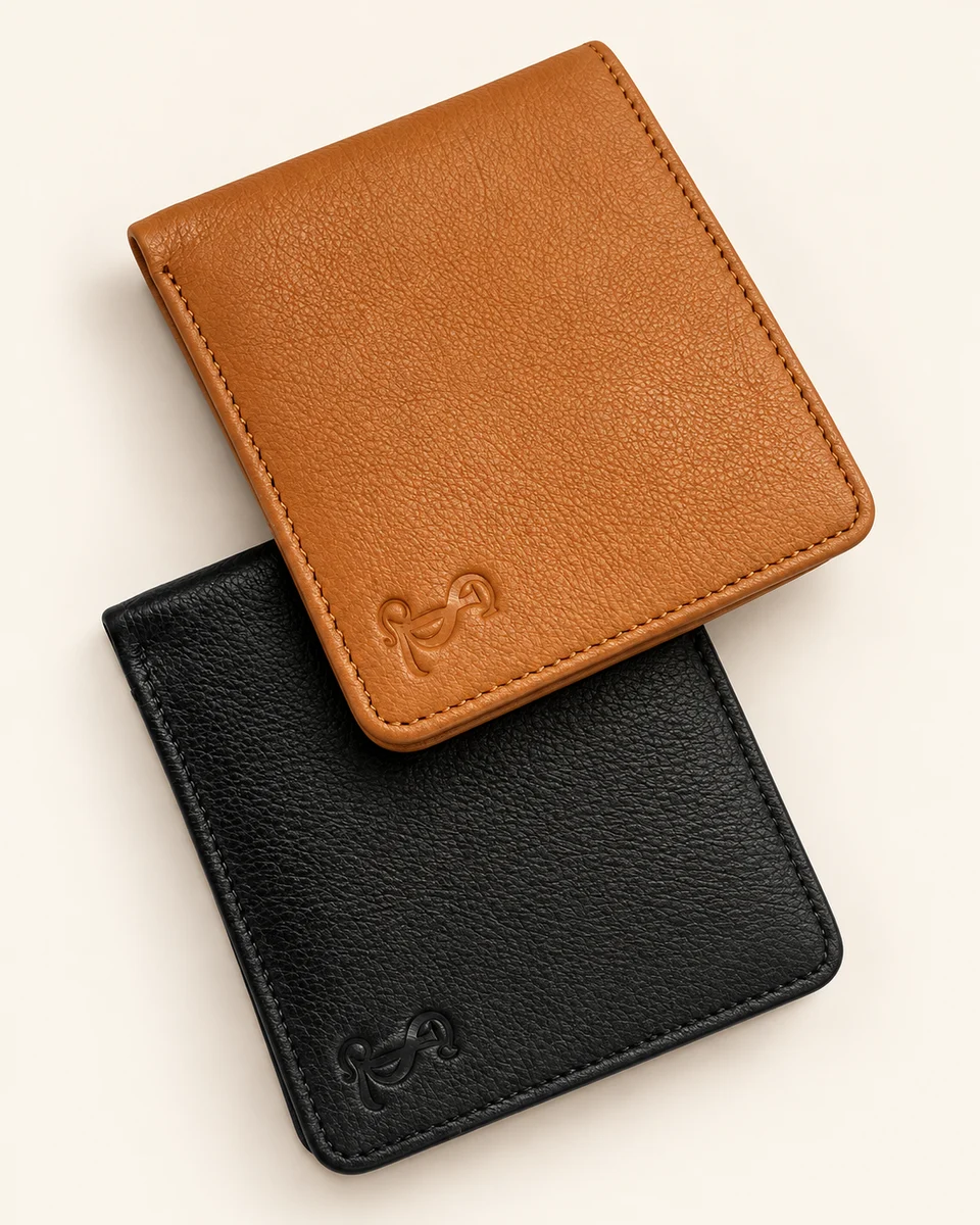Tan and black leather bifold wallets with tonal embossed marks